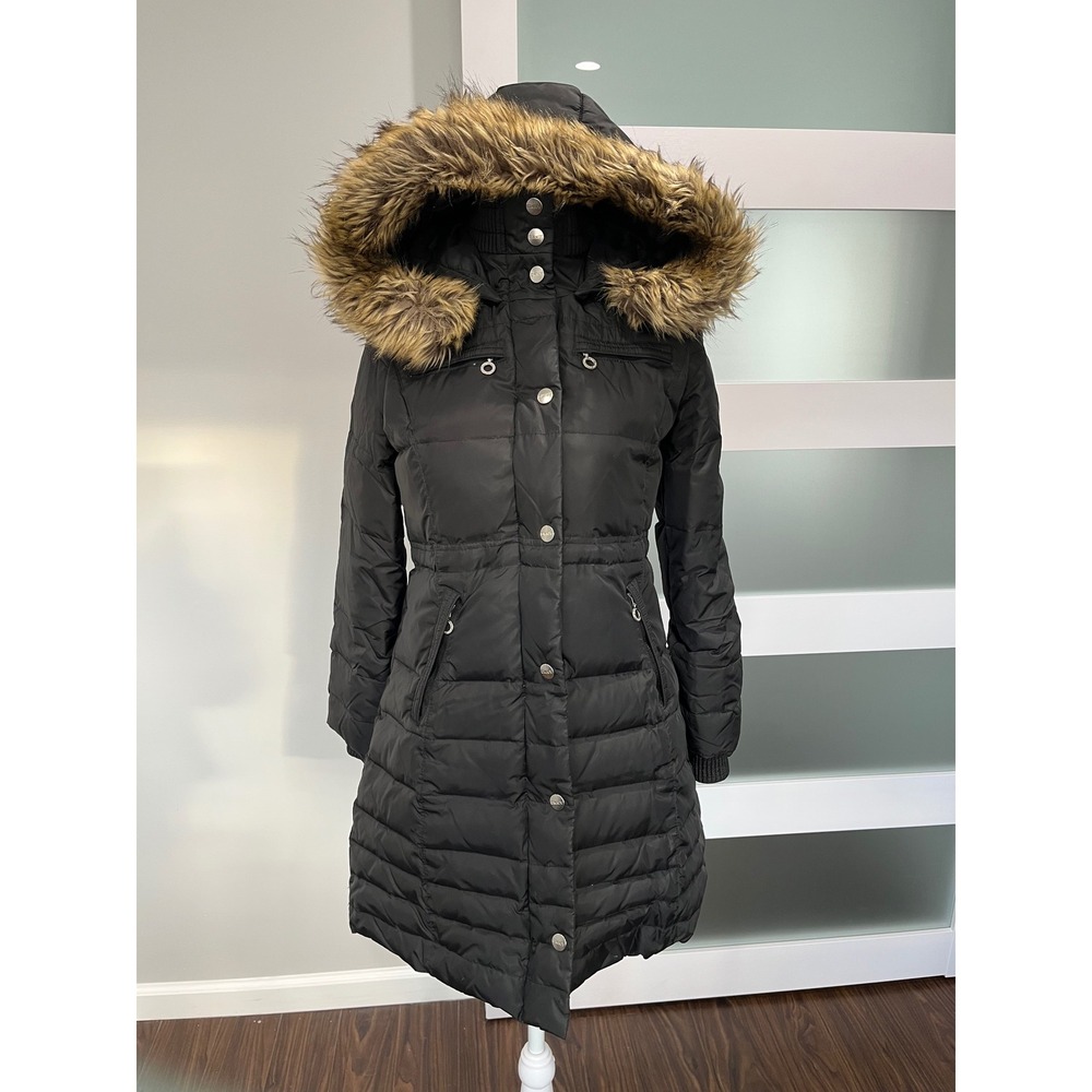 DKNY Down Puffer Coat Faux Fur‎ Hood Black Women's Size S